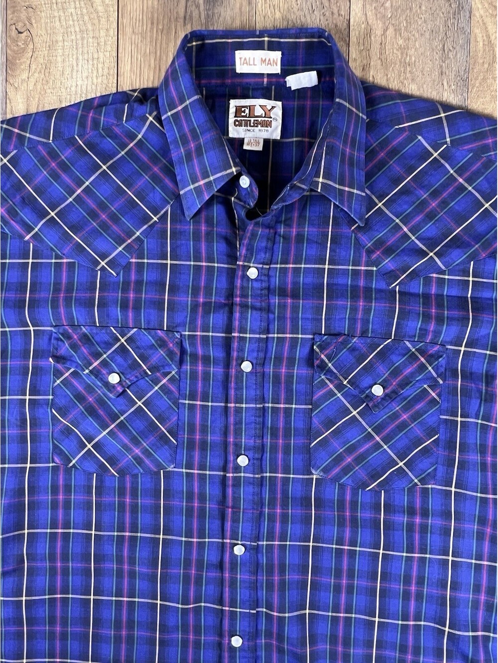 Ely Cattleman Western Pearl Snap Shirt Mens Blue Plaid XL Tall TallMan Vintage